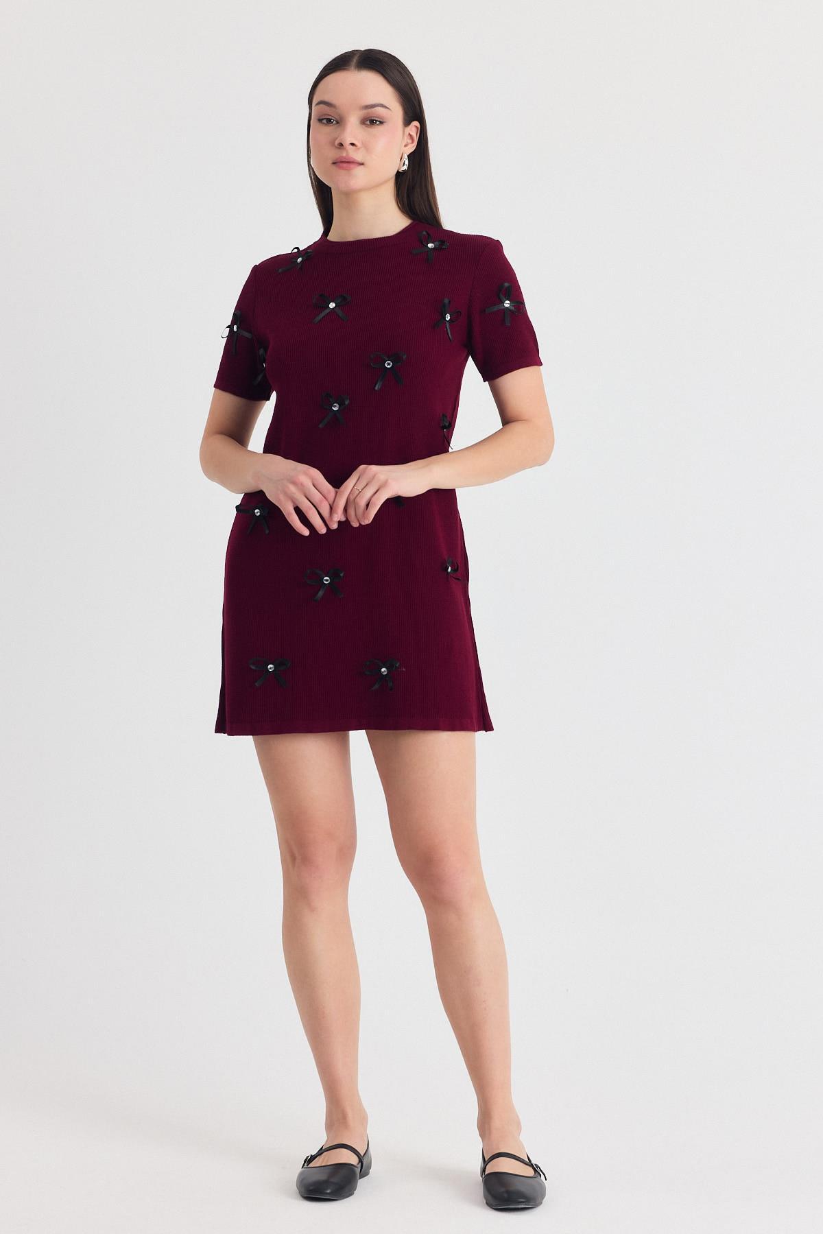 Bordo Kurdela Detay Triko Elbise 2117 - RAYS