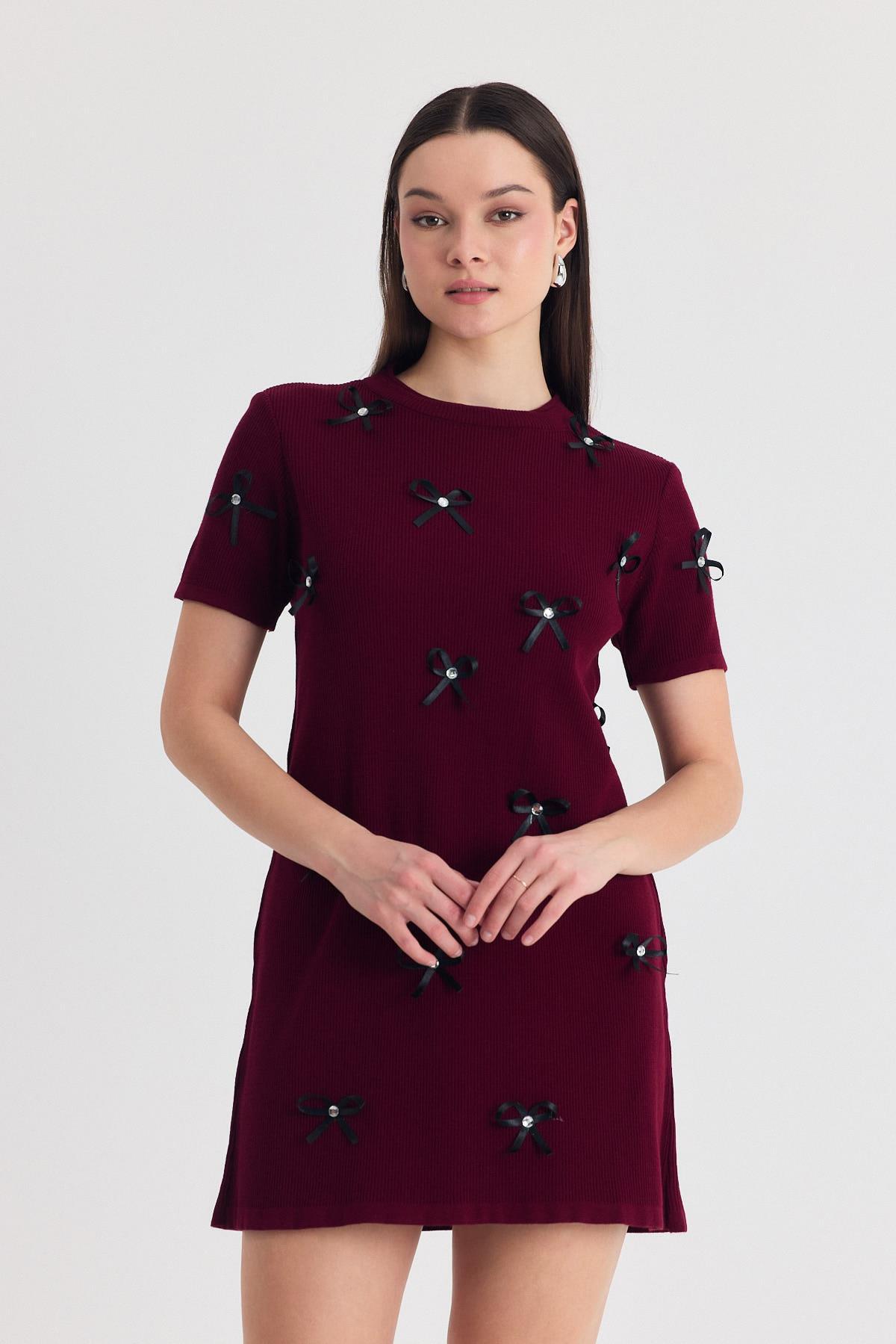 Bordo Kurdela Detay Triko Elbise 2117 - RAYS