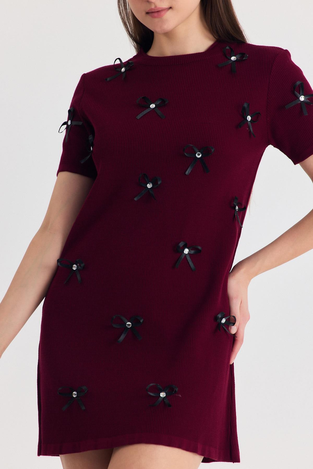 Bordo Kurdela Detay Triko Elbise 2117 - RAYS