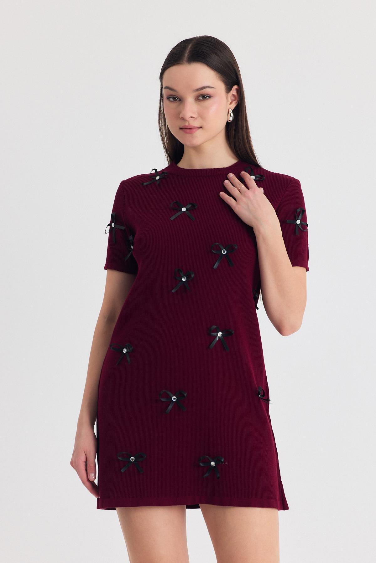 Bordo Kurdela Detay Triko Elbise 2117 - 1