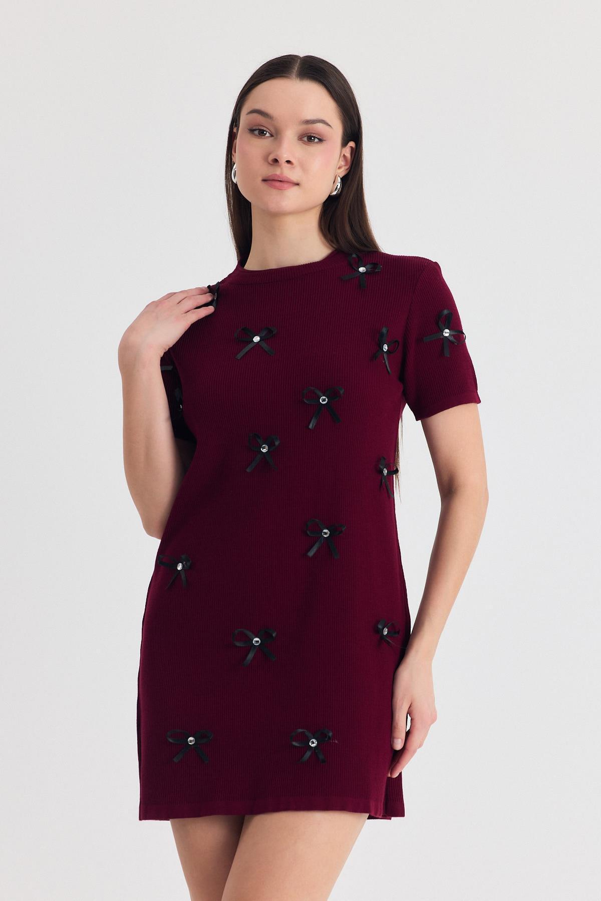 Bordo Kurdela Detay Triko Elbise 2117 - 6