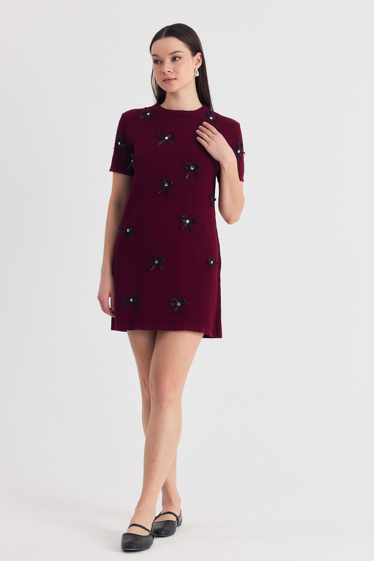 Bordo Kurdela Detay Triko Elbise 2117 - 8