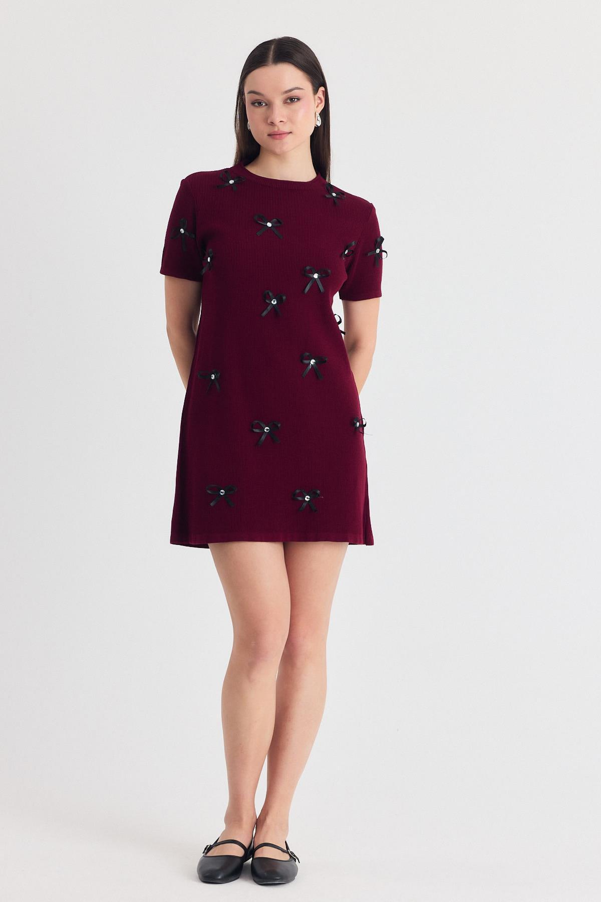 Bordo Kurdela Detay Triko Elbise 2117 - 7