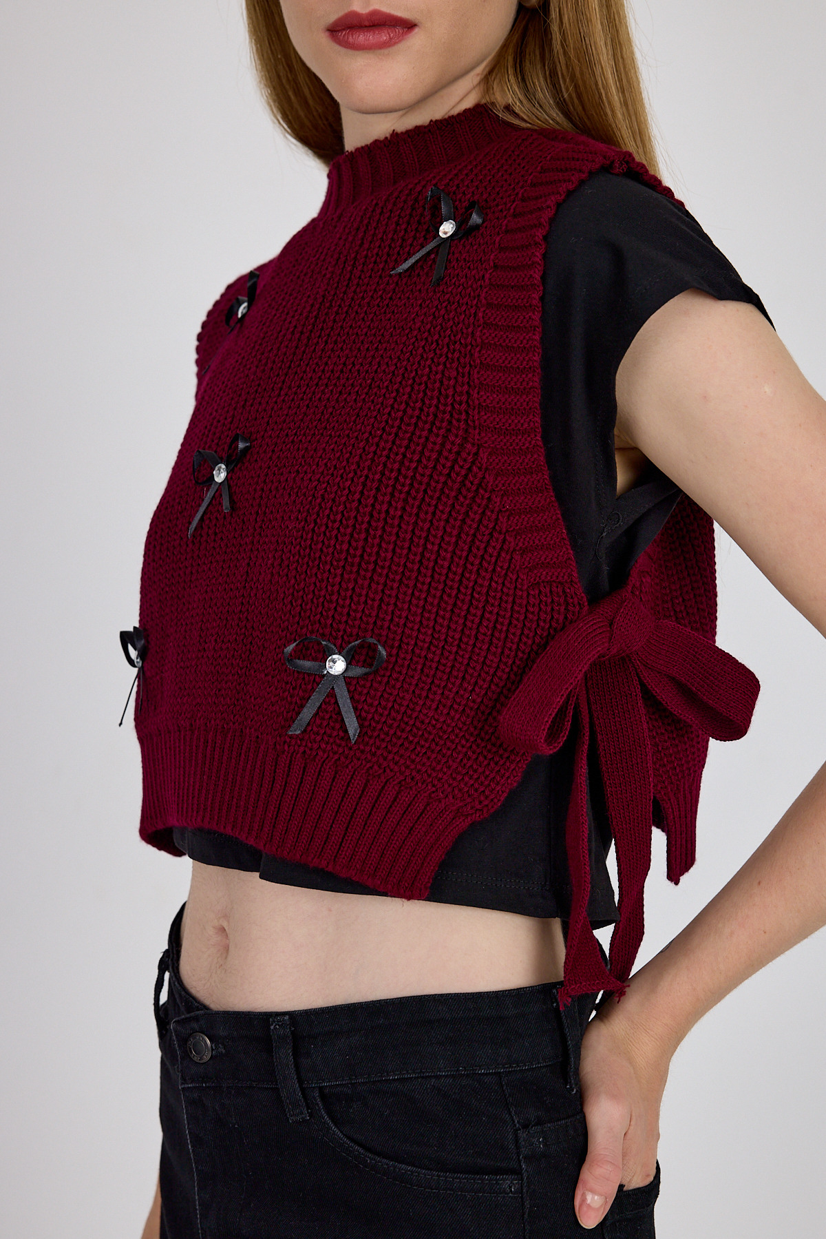 Bordo Kurdela Detaylı Yandan Bağlamalı Triko Süveter 2101 - RAYS