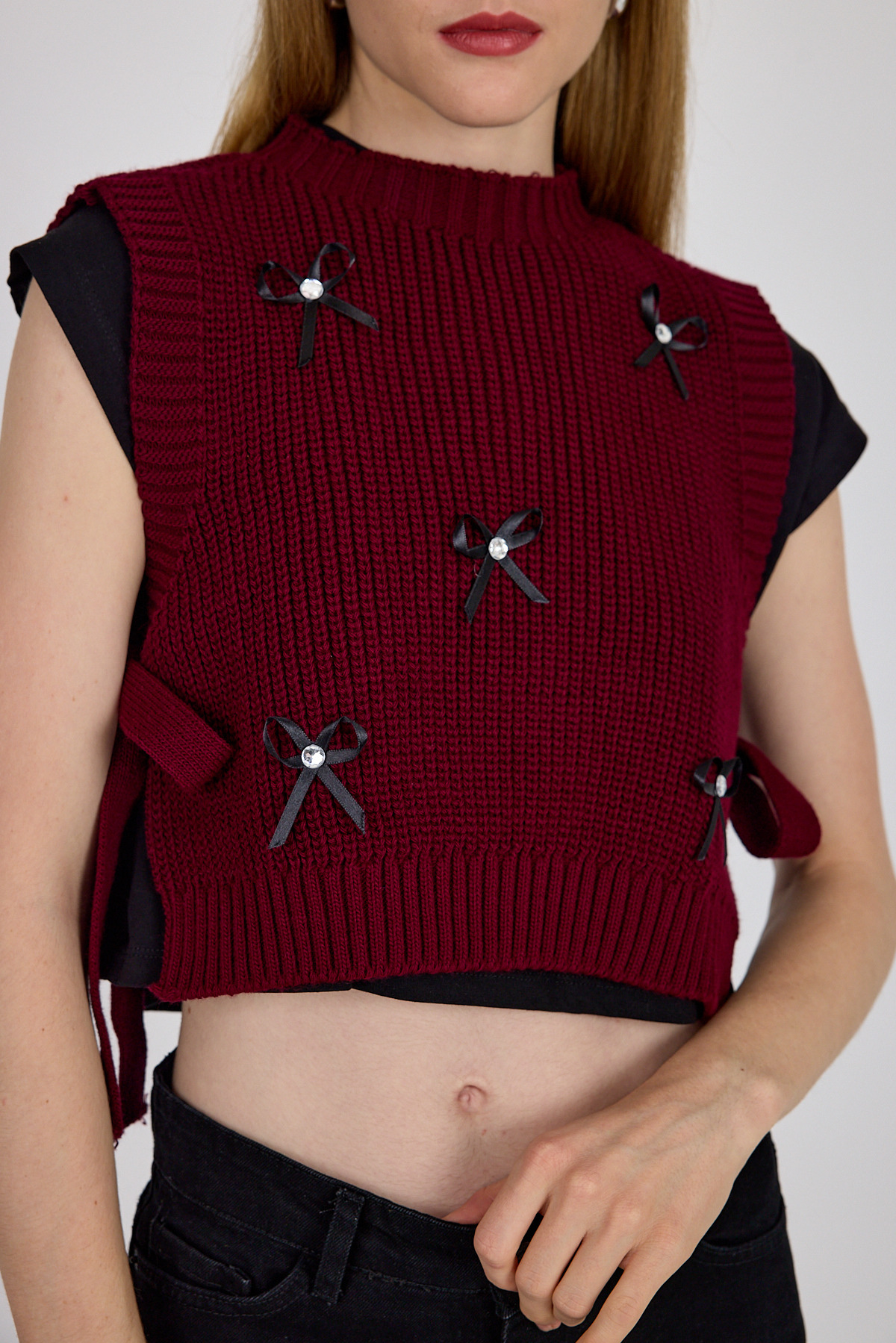 Bordo Kurdela Detaylı Yandan Bağlamalı Triko Süveter 2101 - RAYS