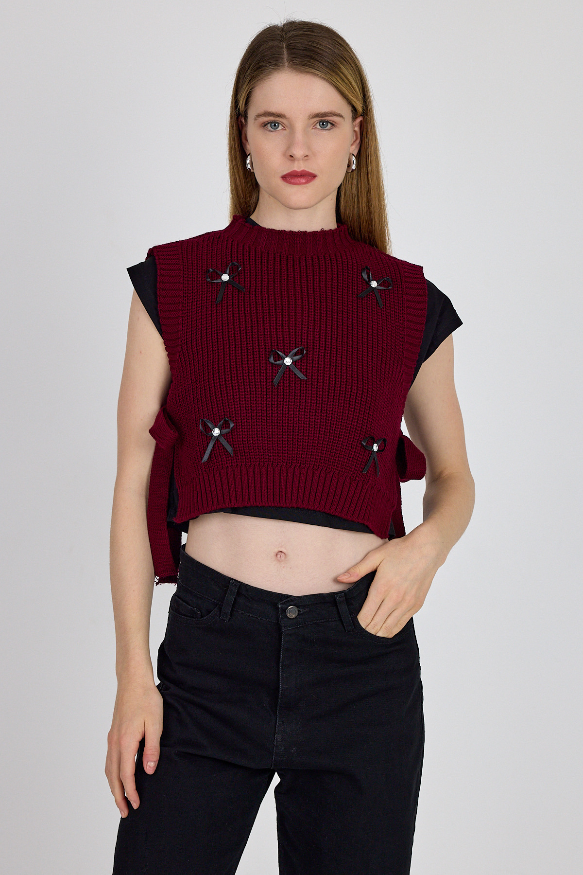 Bordo Kurdela Detaylı Yandan Bağlamalı Triko Süveter 2101 