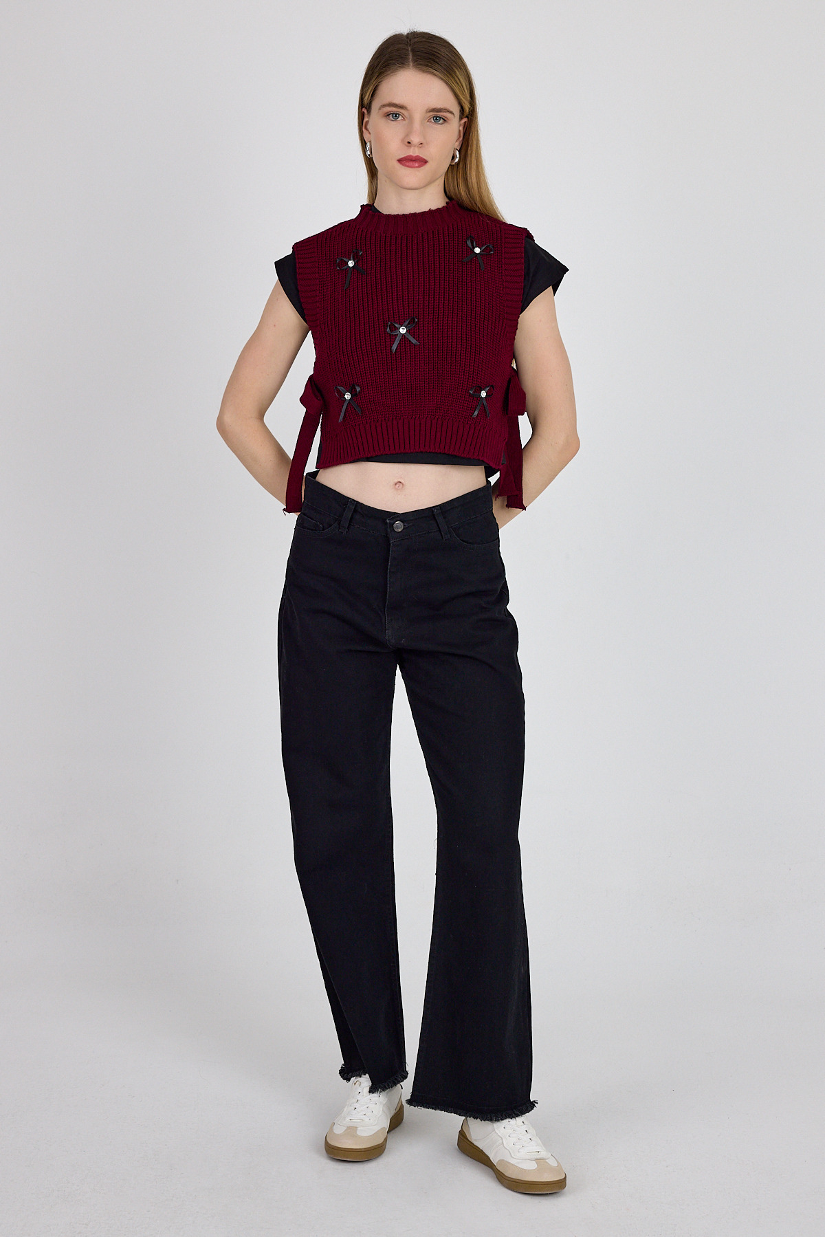 Bordo Kurdela Detaylı Yandan Bağlamalı Triko Süveter 2101 - 2