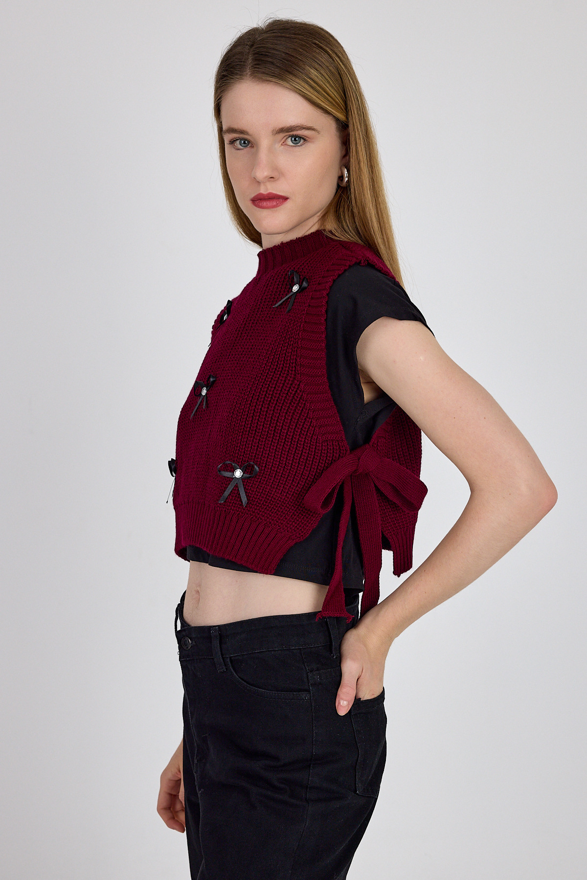 Bordo Kurdela Detaylı Yandan Bağlamalı Triko Süveter 2101 - 6