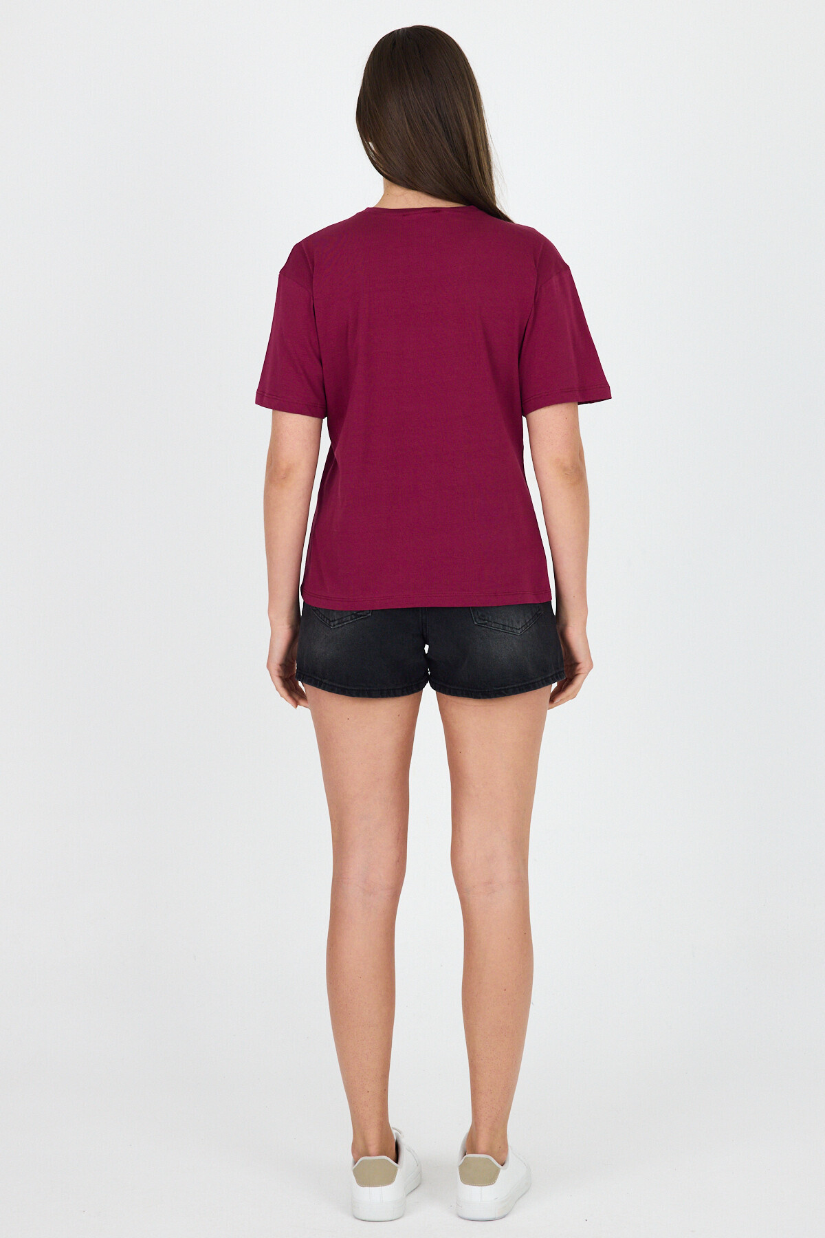 Bordo Nakış İşlemeli Cep Görünüm Detaylı Tişört 2255M - 5