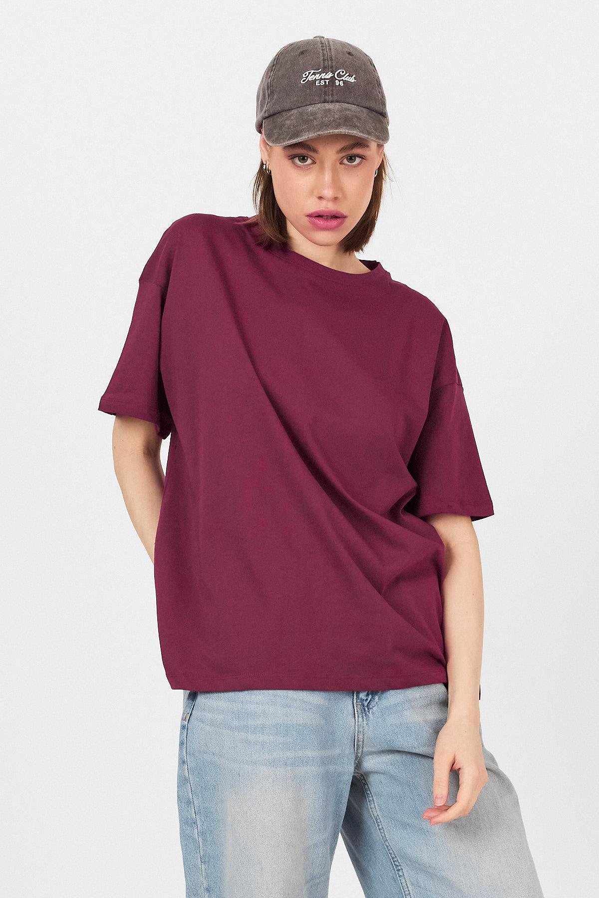 Bordo Omuz Yazı Baskılı %100 Pamuk Oversize Tişört 2150-30M 