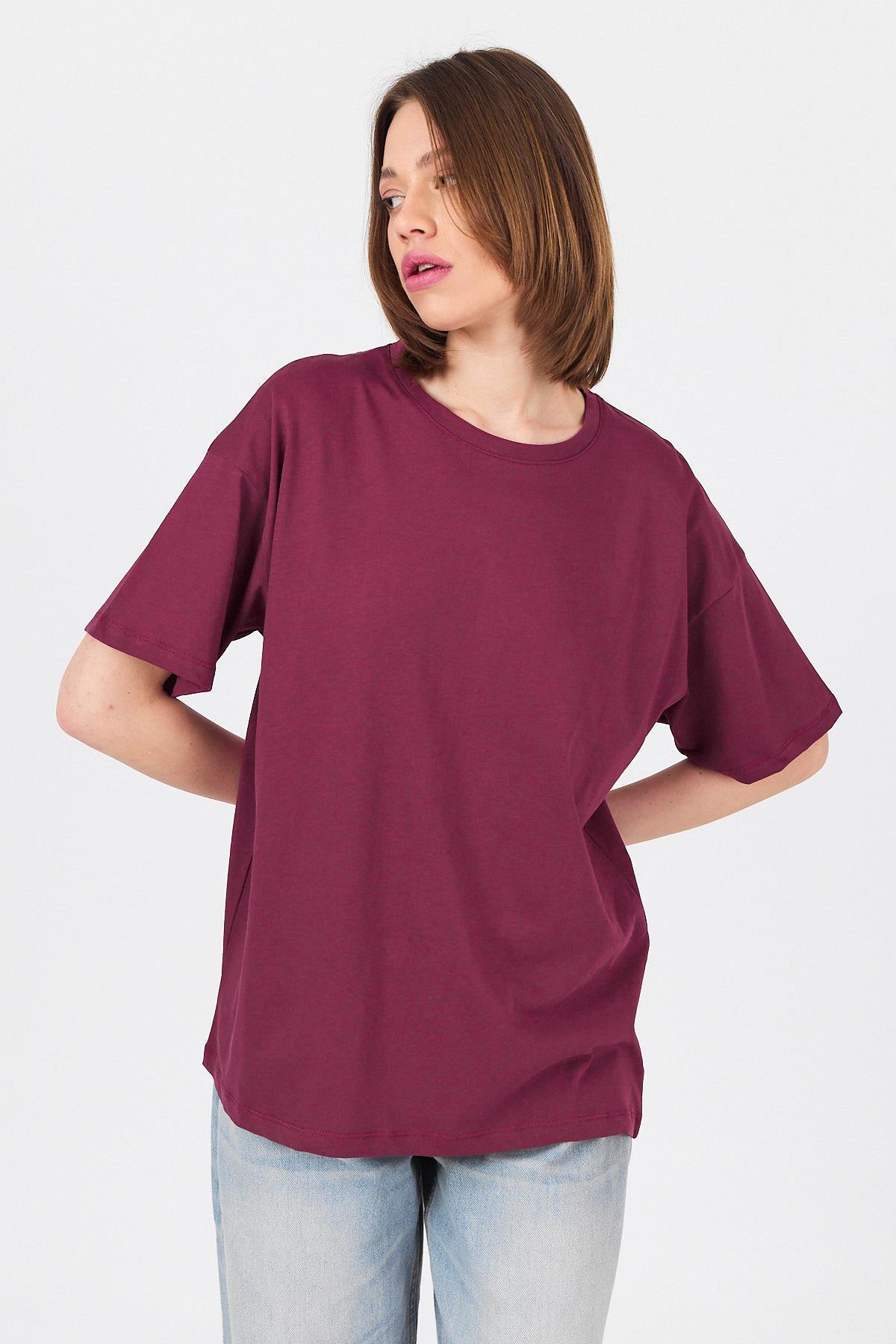 Bordo Omuz Yazı Baskılı %100 Pamuk Oversize Tişört 2150-30M - RAYS