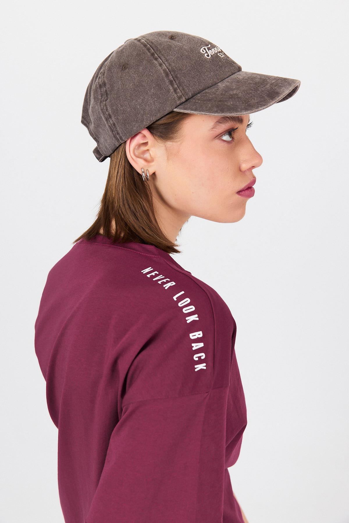 Bordo Omuz Yazı Baskılı %100 Pamuk Oversize Tişört 2150-30M - RAYS