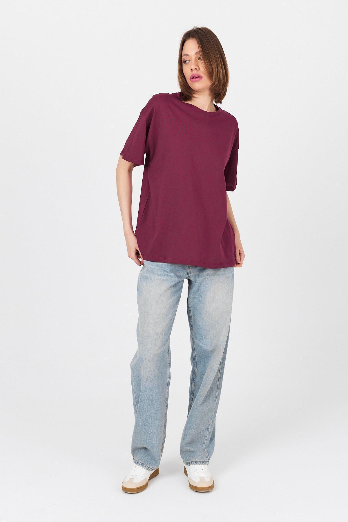 Bordo Omuz Yazı Baskılı %100 Pamuk Oversize Tişört 2150-30M - 2