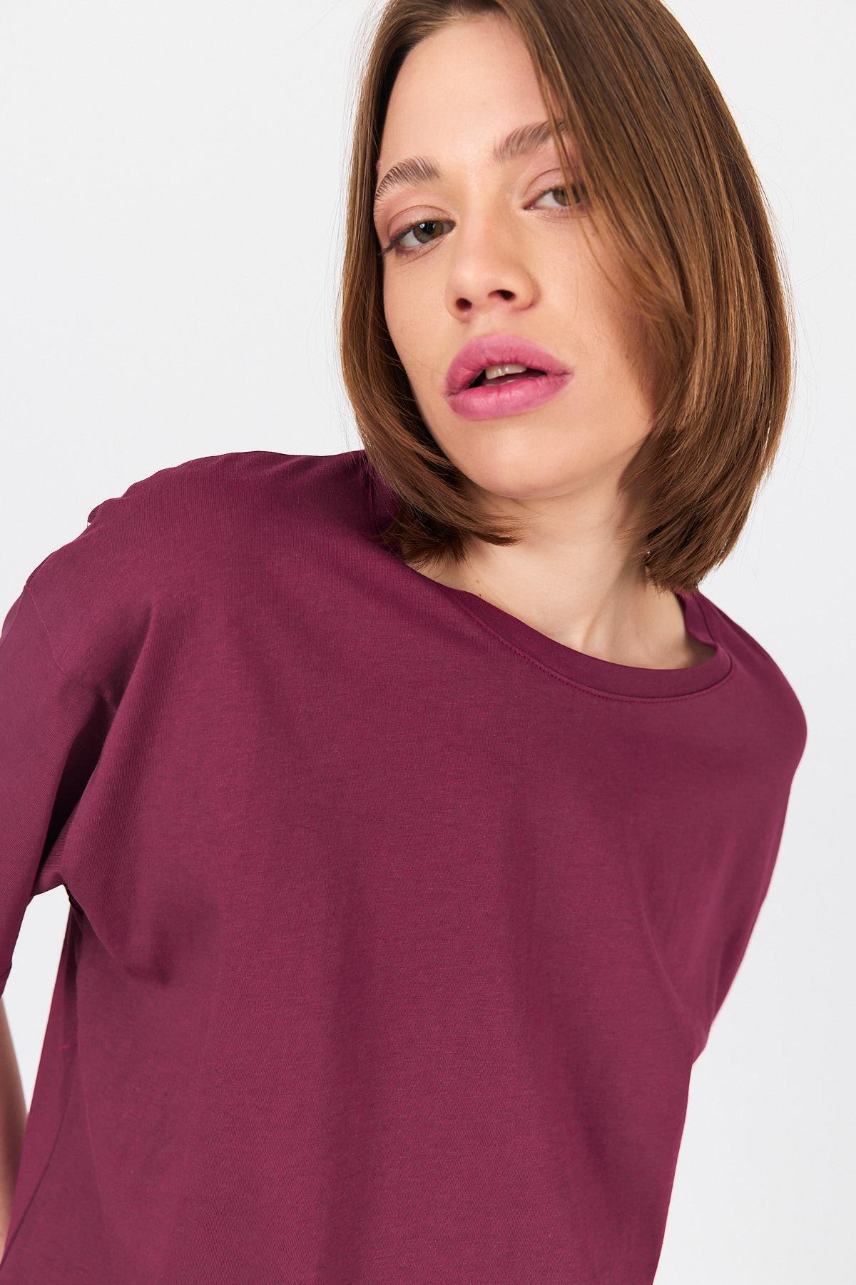 Bordo Omuz Yazı Baskılı %100 Pamuk Oversize Tişört 2150-30M - 6