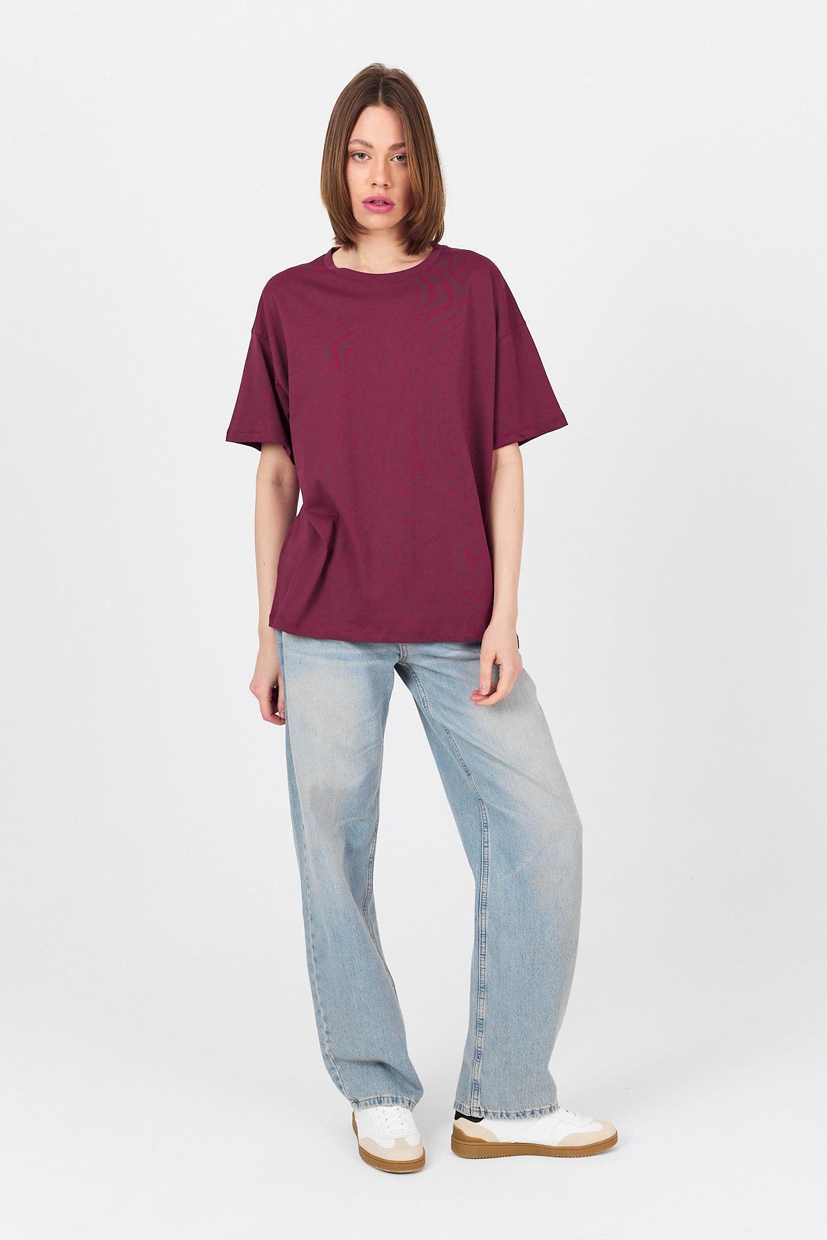 Bordo Omuz Yazı Baskılı %100 Pamuk Oversize Tişört 2150-30M - 8