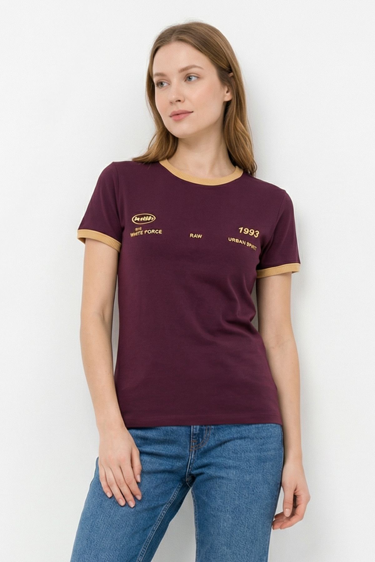 Bordo Ön Arka Yazı Baskılı Tişört 8076 
