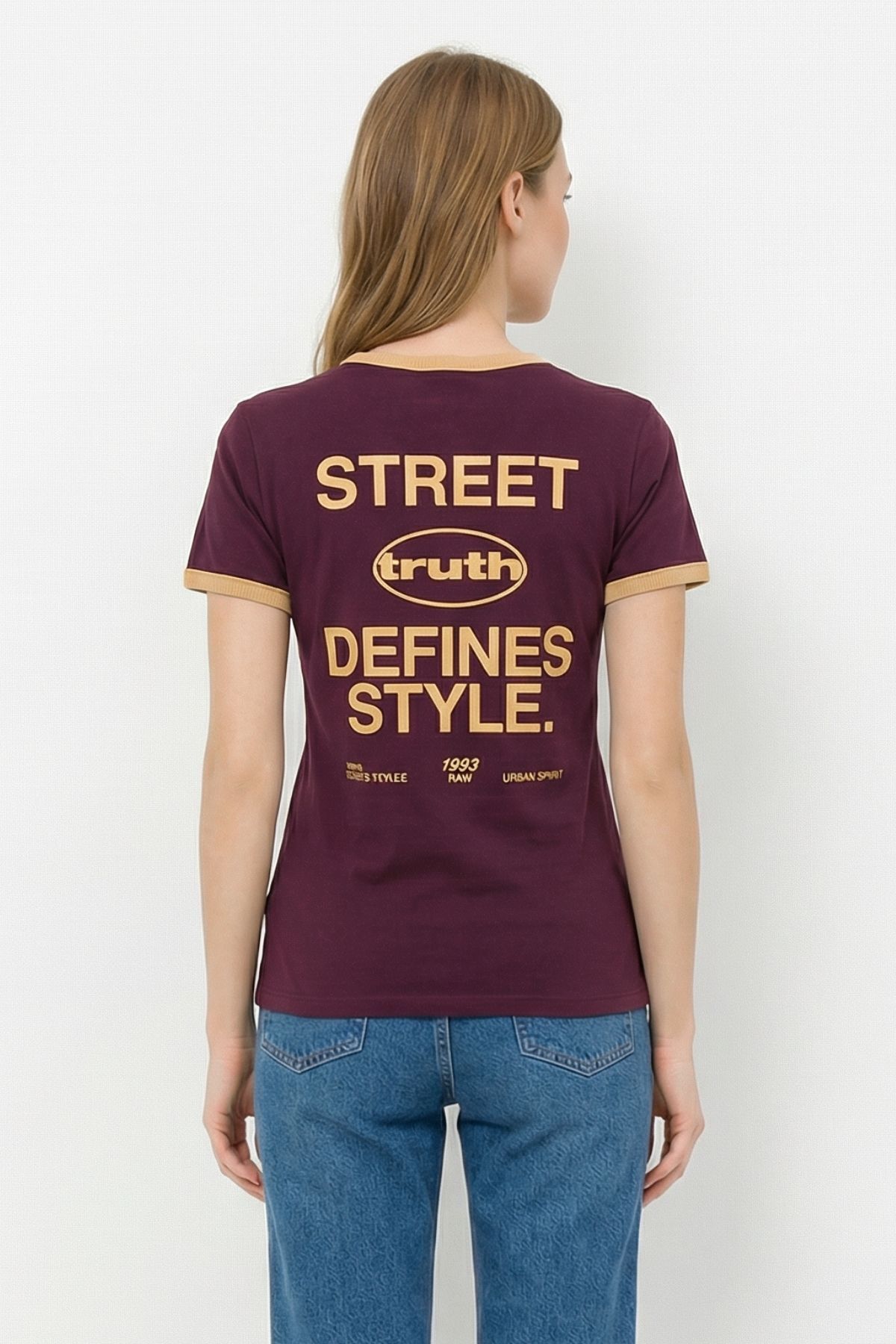 Bordo Ön Arka Yazı Baskılı Tişört 8076 - RAYS (1)