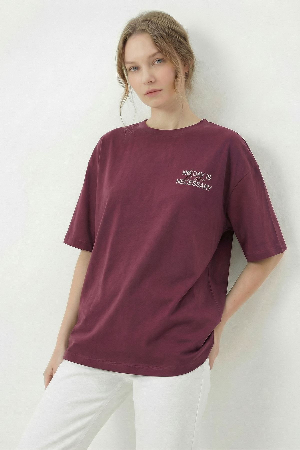 Bordo Ön Arka Yazı Baskılı Tişört 8150 