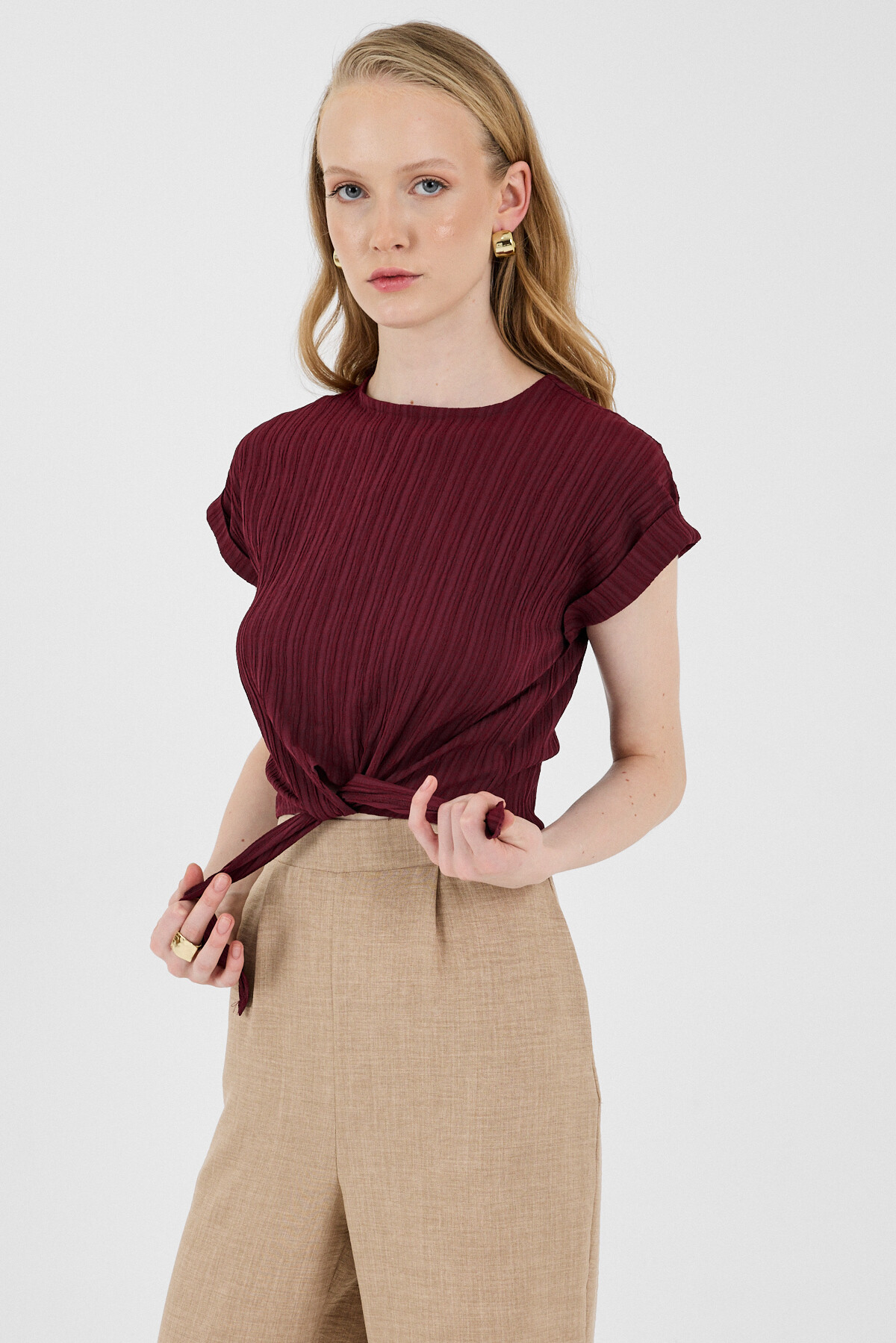 Bordo Ön Bağlama Detaylı Bluz 8071A - 2