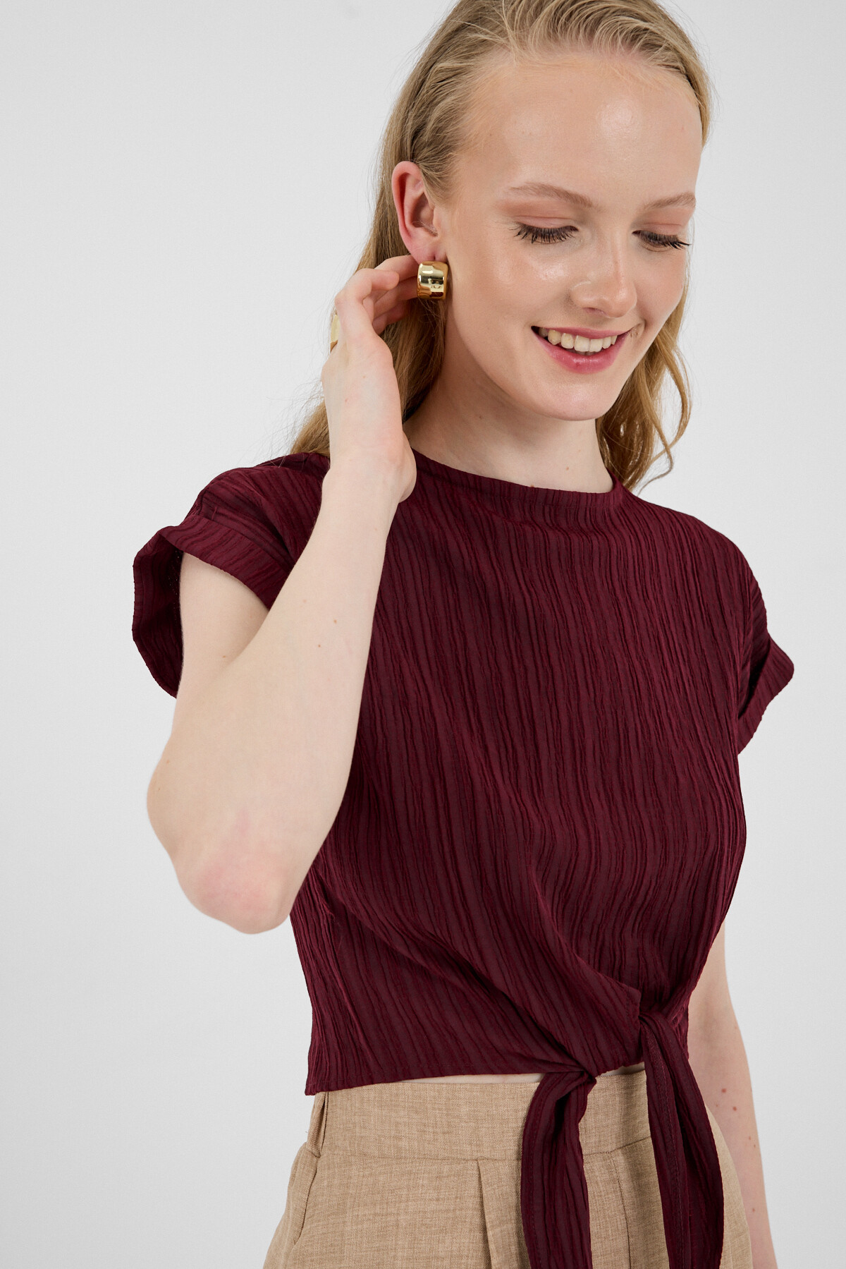 Bordo Ön Bağlama Detaylı Bluz 8071A - 4