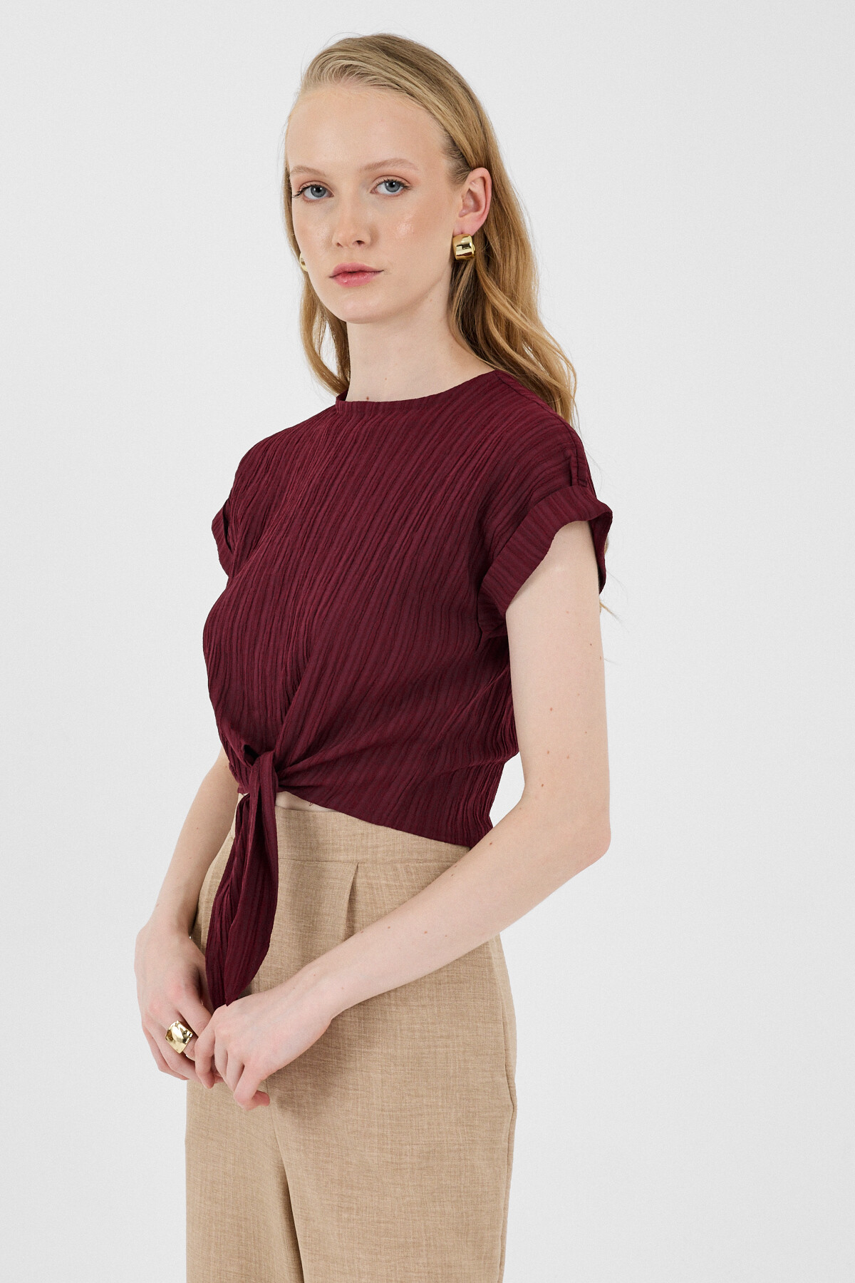 Bordo Ön Bağlama Detaylı Bluz 8071A - 1