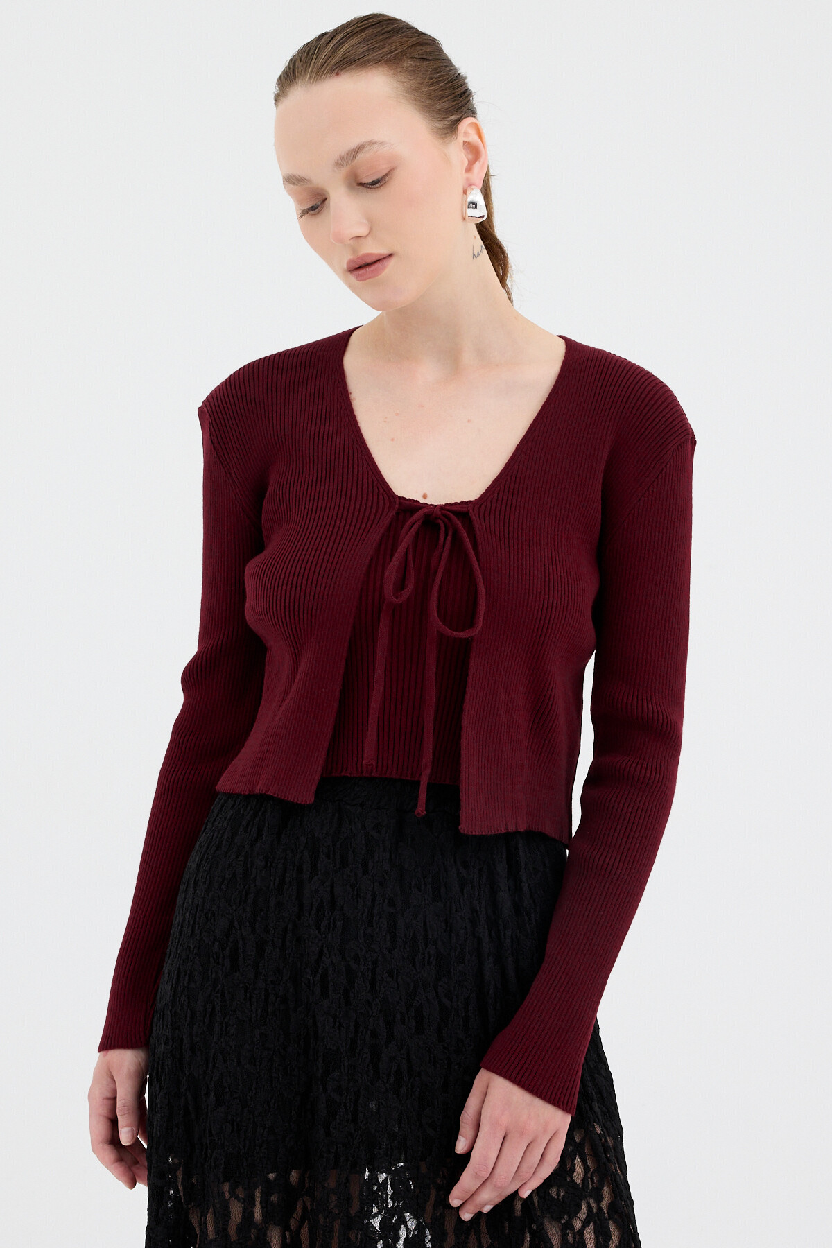 Bordo Ön Bağlamalı Triko Hırka ve Askılı Bluz Takımı 7360 - RAYS (1)