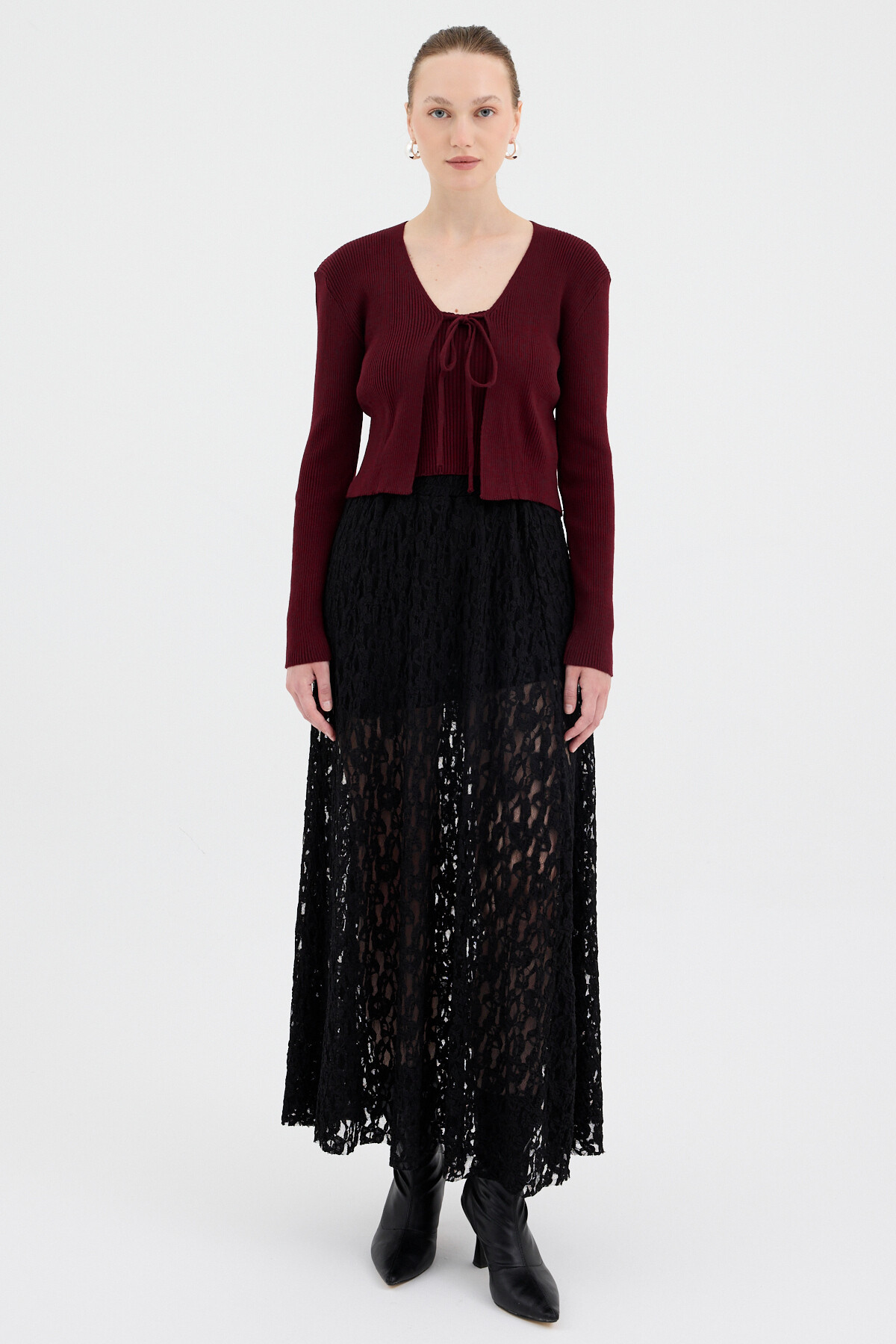 Bordo Ön Bağlamalı Triko Hırka ve Askılı Bluz Takımı 7360 - 3