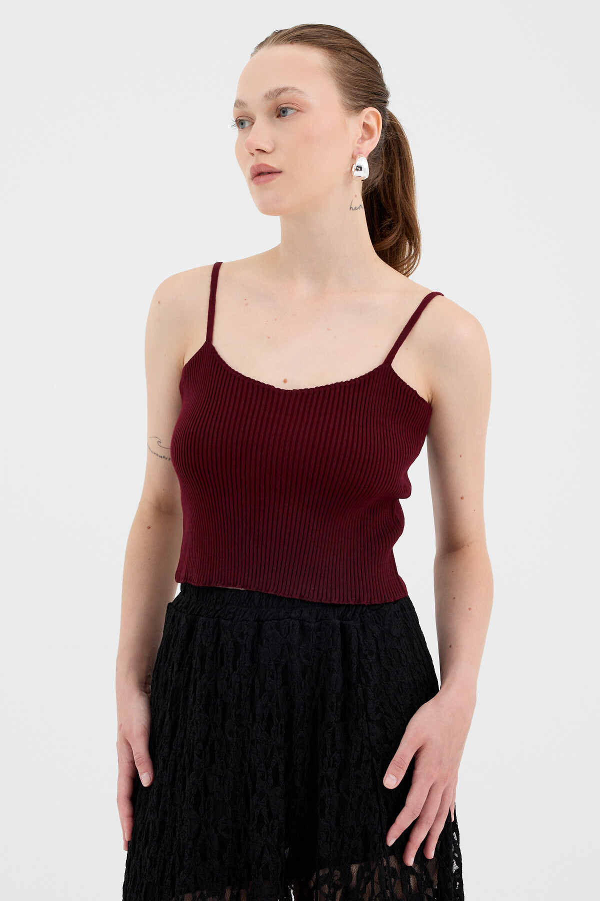 Bordo Ön Bağlamalı Triko Hırka ve Askılı Bluz Takımı 7360 - 4