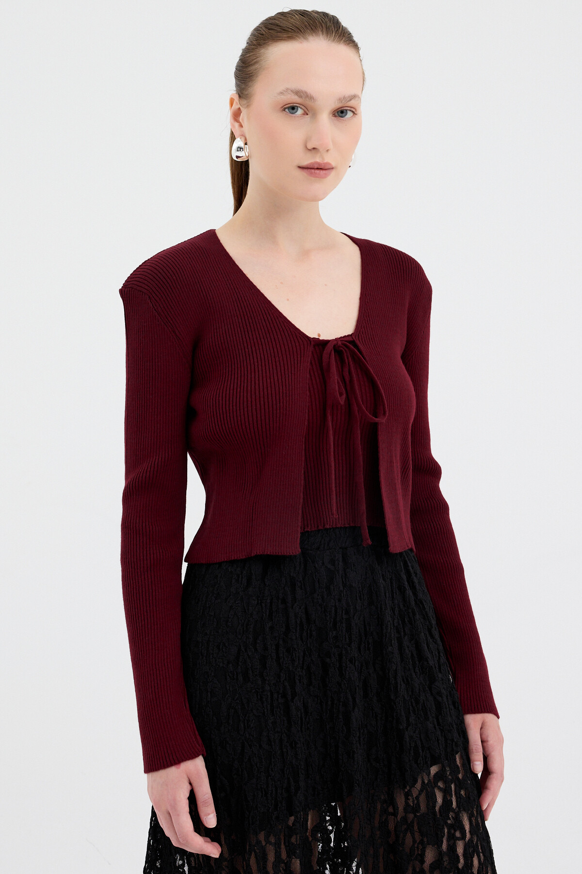 Bordo Ön Bağlamalı Triko Hırka ve Askılı Bluz Takımı 7360 