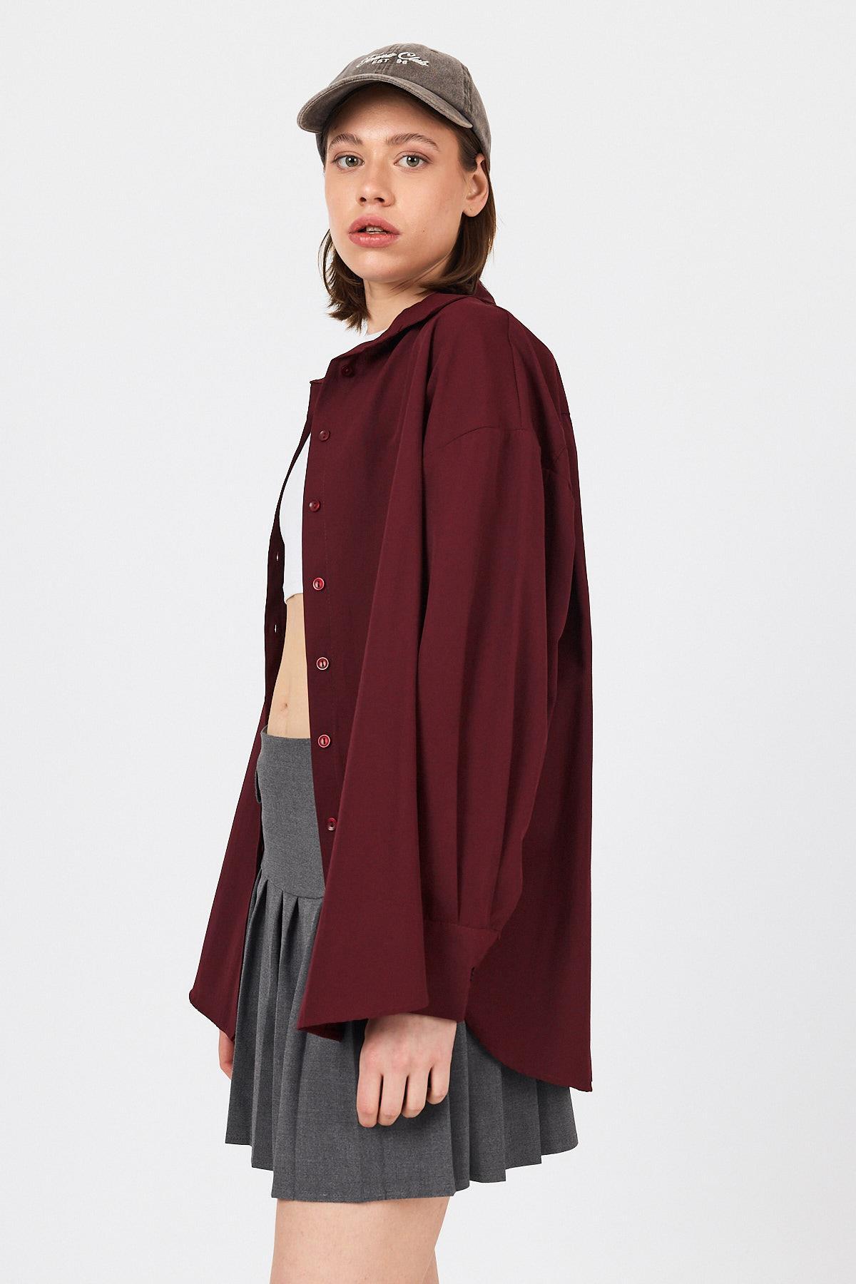 Bordo Oversize Basic Uzun Gömlek 4664A - 2