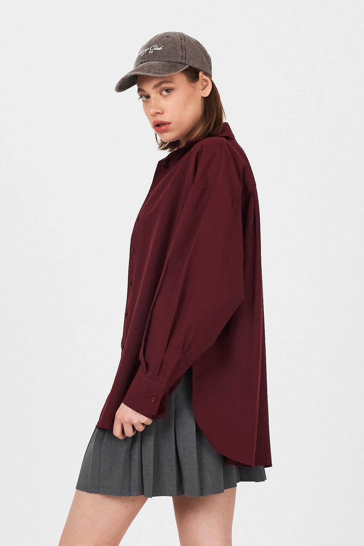 Bordo Oversize Basic Uzun Gömlek 4664A - 6