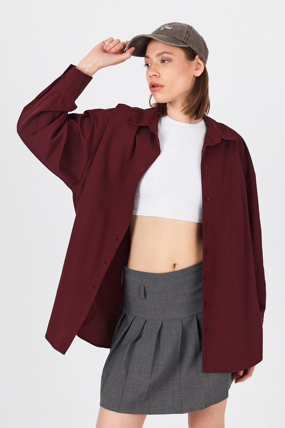 Bordo Oversize Basic Uzun Gömlek 4664A - 7