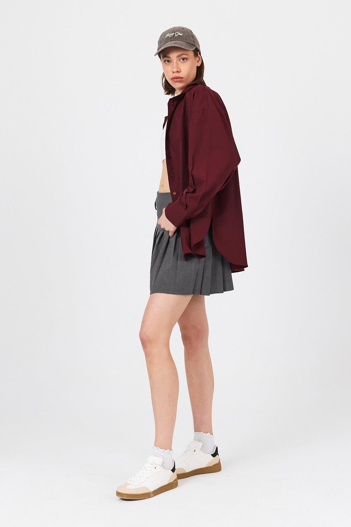 Bordo Oversize Basic Uzun Gömlek 4664A - 8