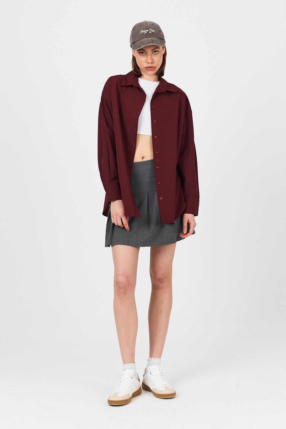 Bordo Oversize Basic Uzun Gömlek 4664A - 3