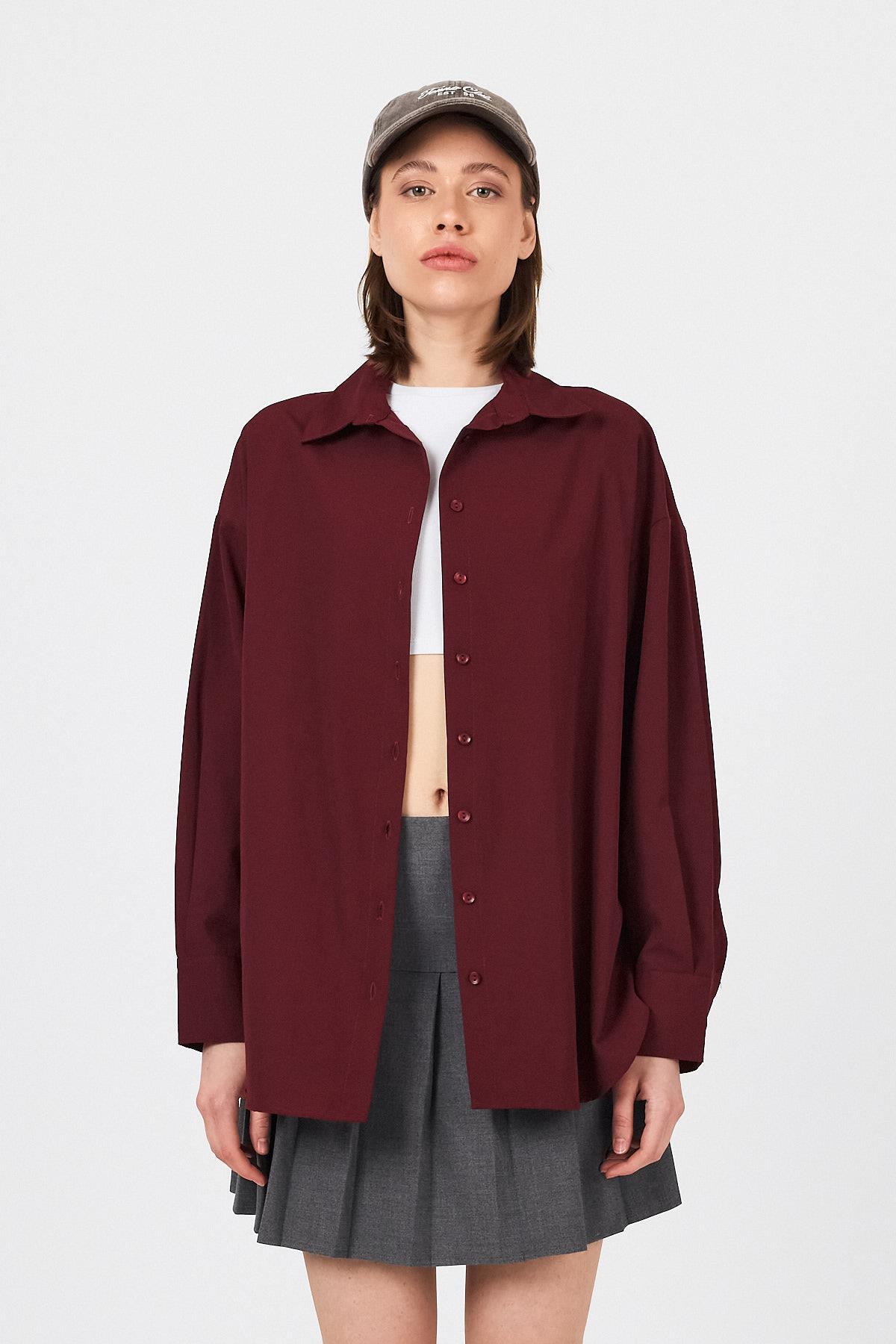 Bordo Oversize Basic Uzun Gömlek 4664A - 4