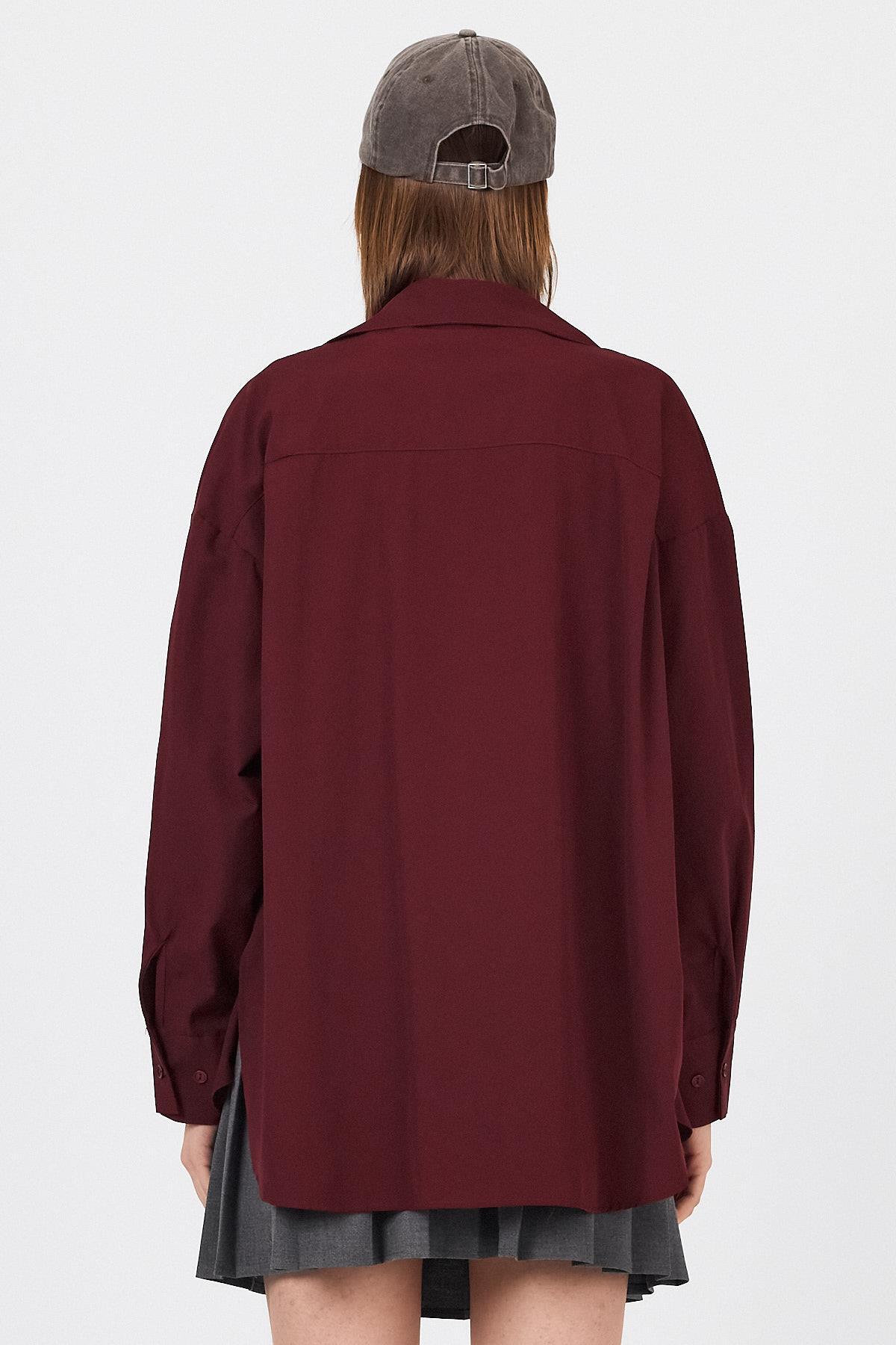 Bordo Oversize Basic Uzun Gömlek 4664A - 5