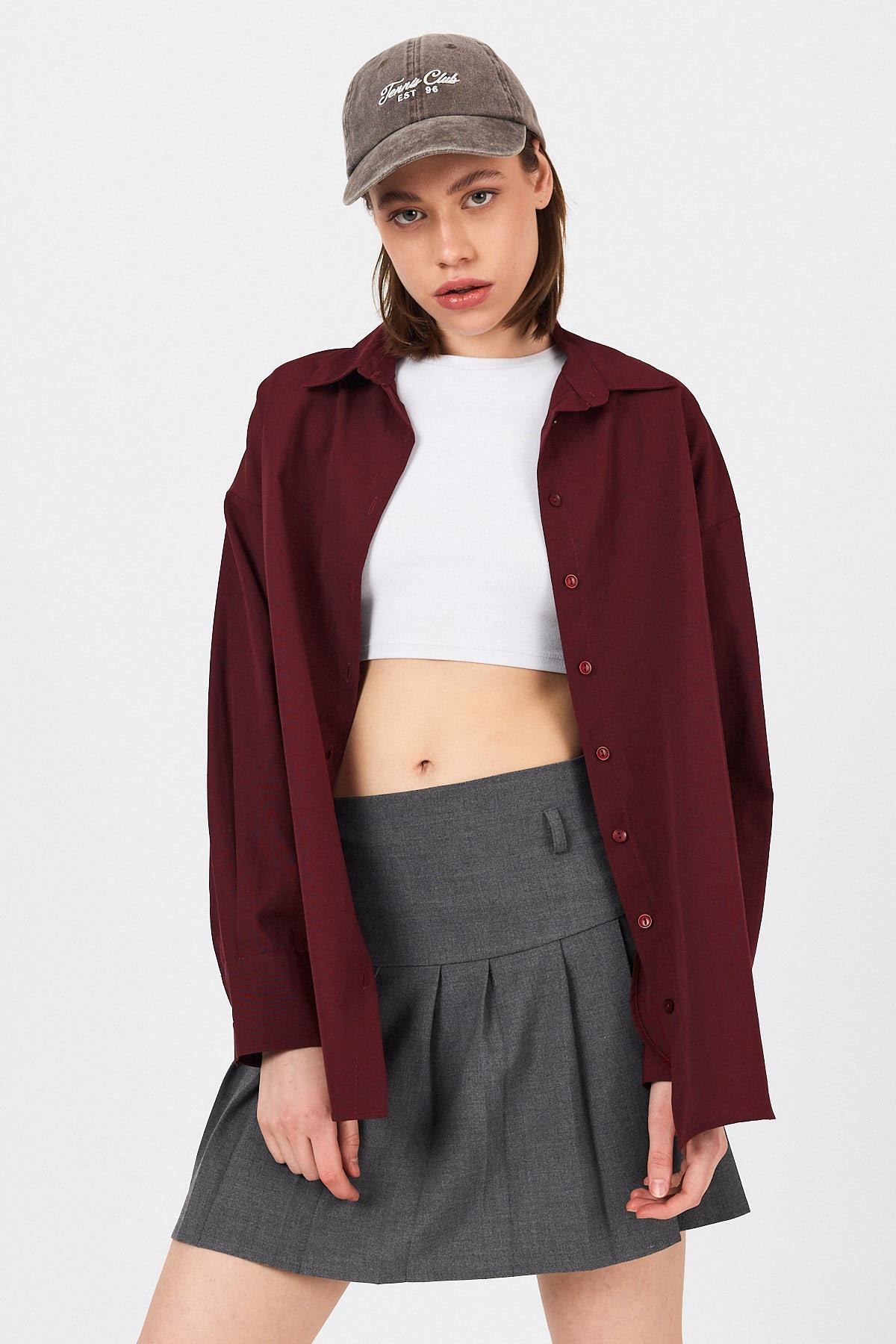 Bordo Oversize Basic Uzun Gömlek 4664A - 1