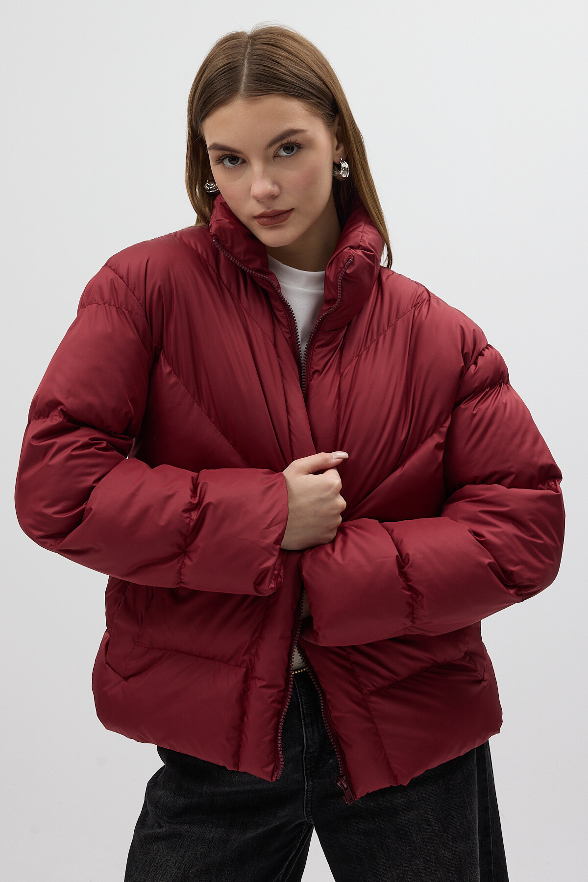 Bordo Oversize Dik Yaka Şişme Mont 4010 - 1