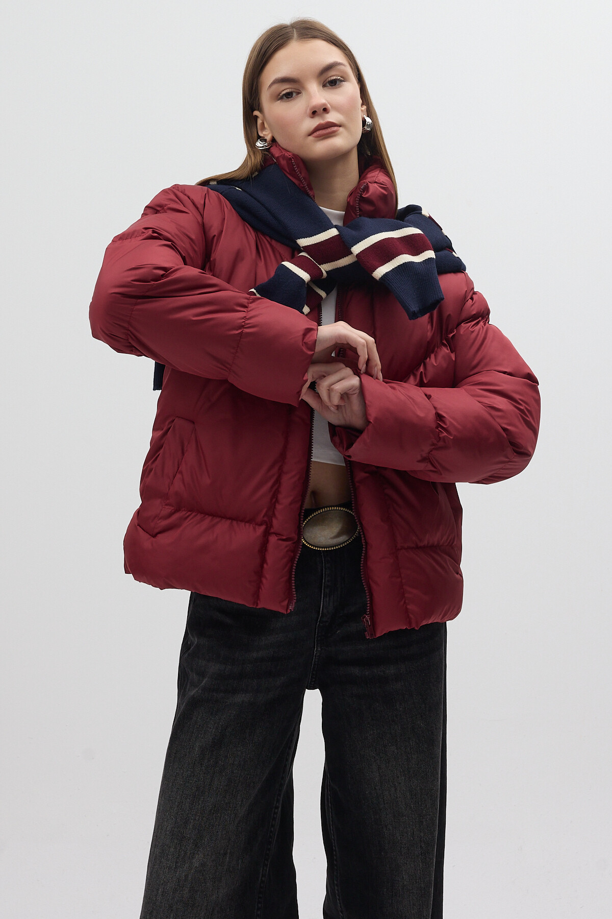 Bordo Oversize Dik Yaka Şişme Mont 4010 - 2