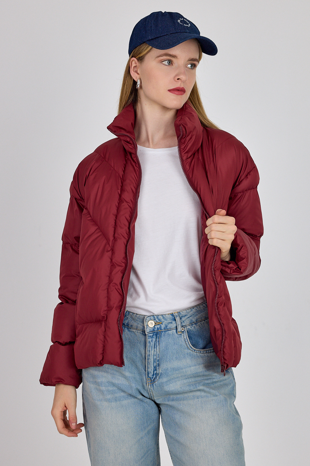 Bordo Oversize Dik Yaka Şişme Mont 4010 - 1