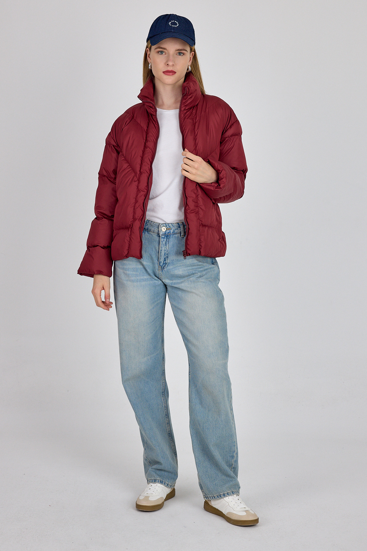Bordo Oversize Dik Yaka Şişme Mont 4010 - 2