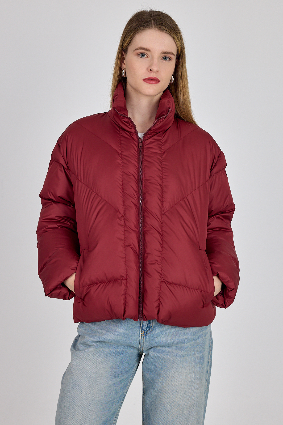 Bordo Oversize Dik Yaka Şişme Mont 4010 - 3