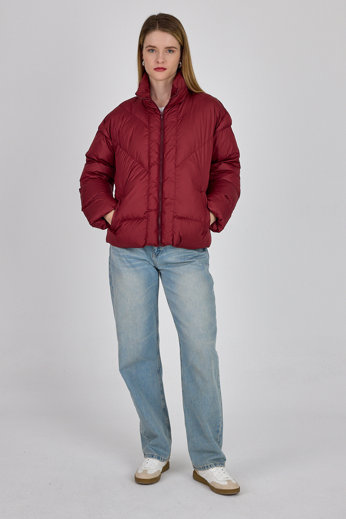 Bordo Oversize Dik Yaka Şişme Mont 4010 - 4