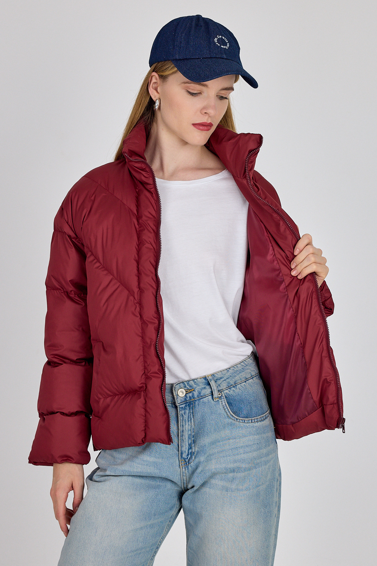 Bordo Oversize Dik Yaka Şişme Mont 4010 - 6