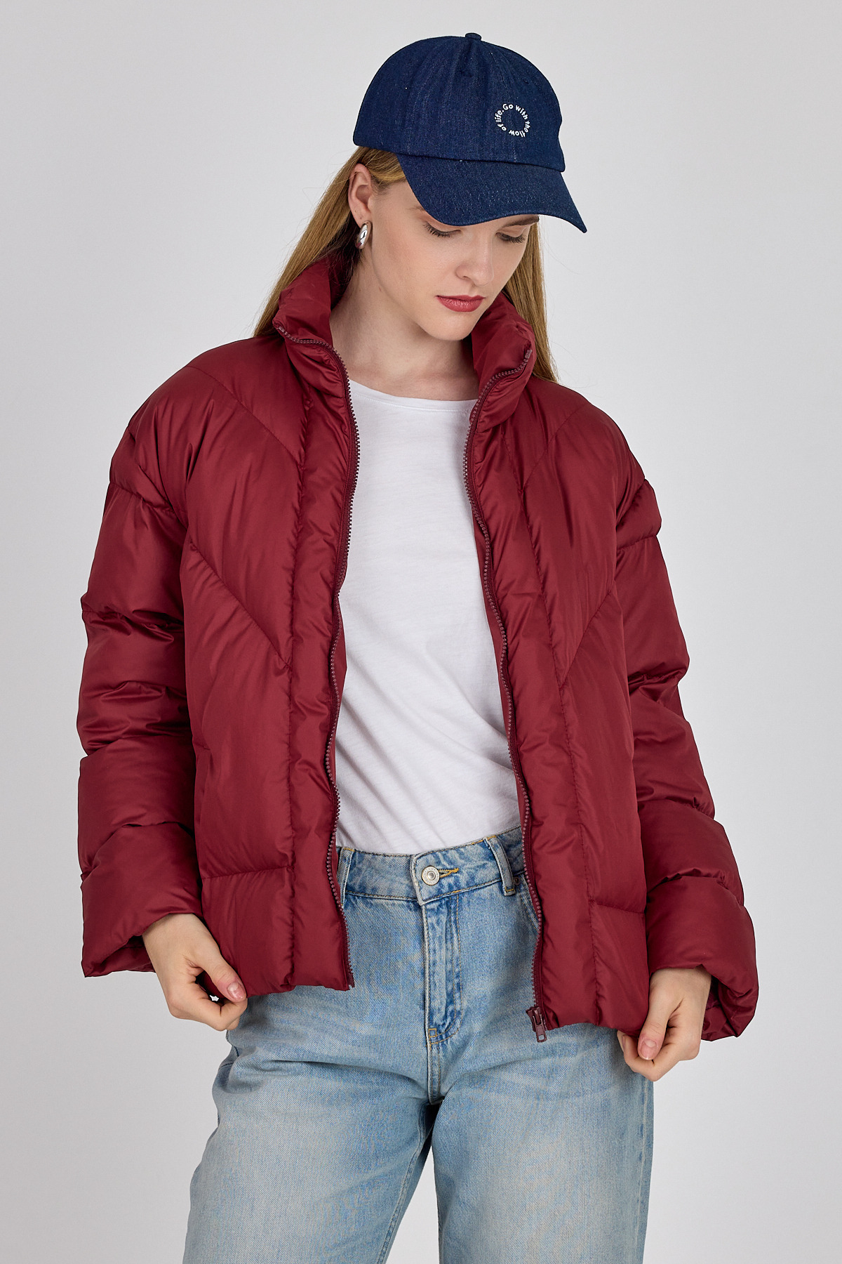 Bordo Oversize Dik Yaka Şişme Mont 4010 - 7