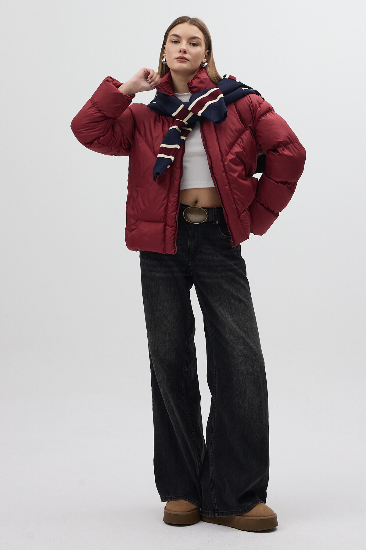 Bordo Oversize Dik Yaka Şişme Mont 4010 - 7