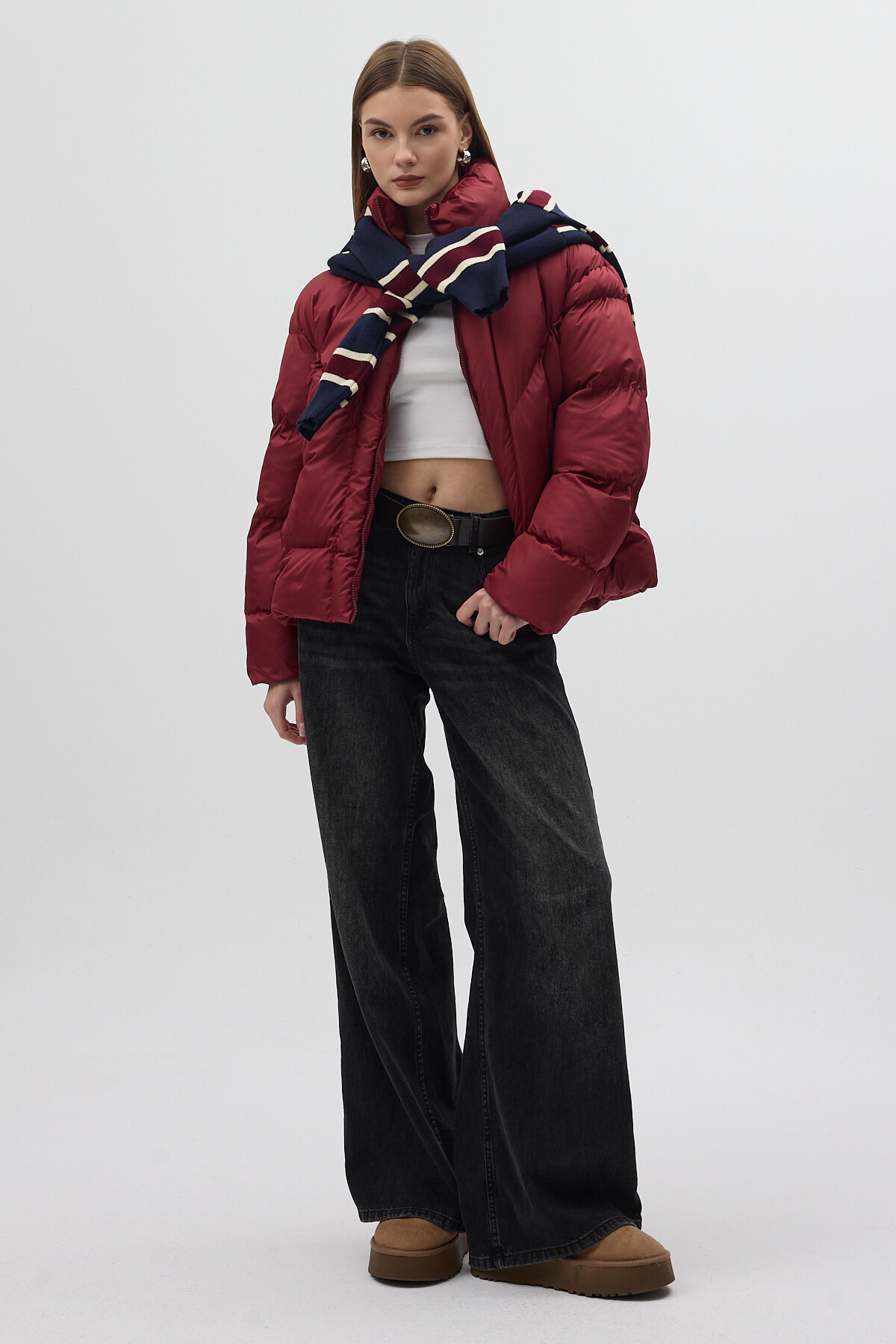 Bordo Oversize Dik Yaka Şişme Mont 4010 - 3