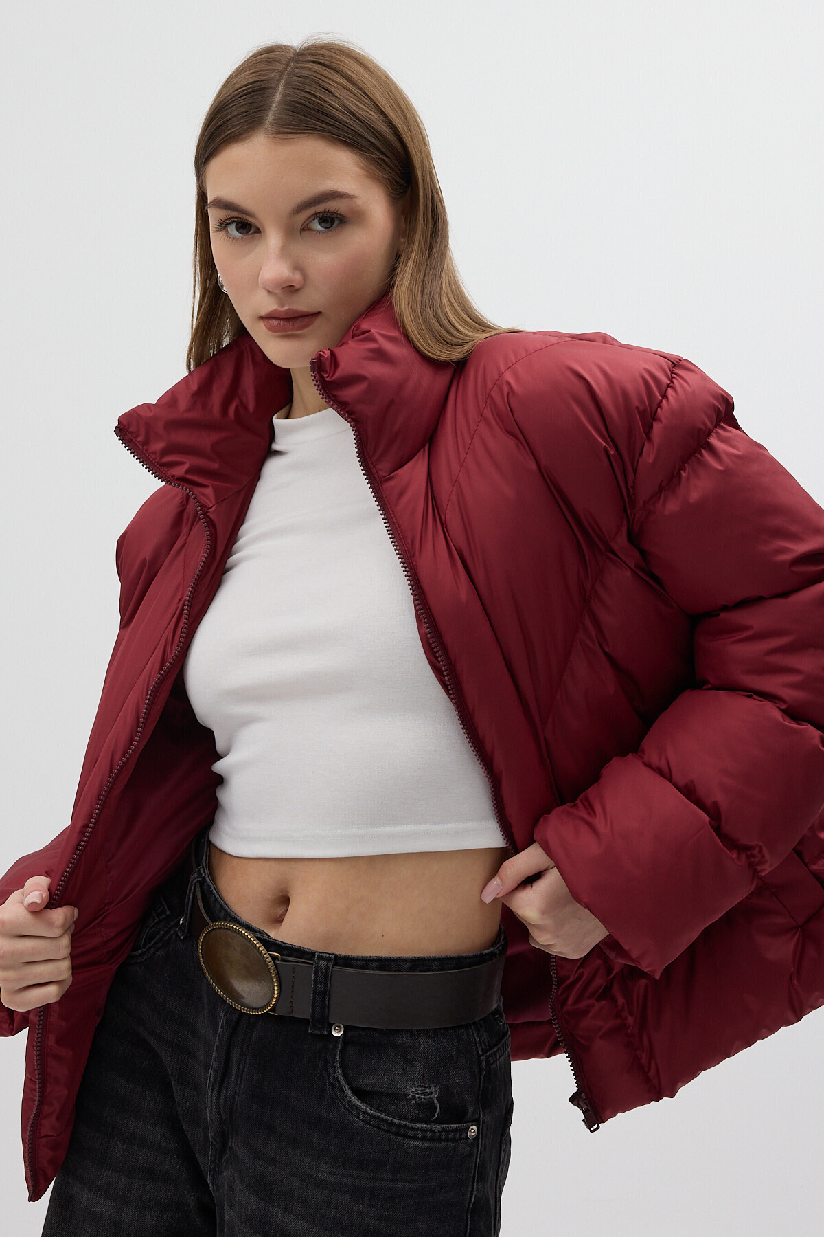 Bordo Oversize Dik Yaka Şişme Mont 4010 - 6