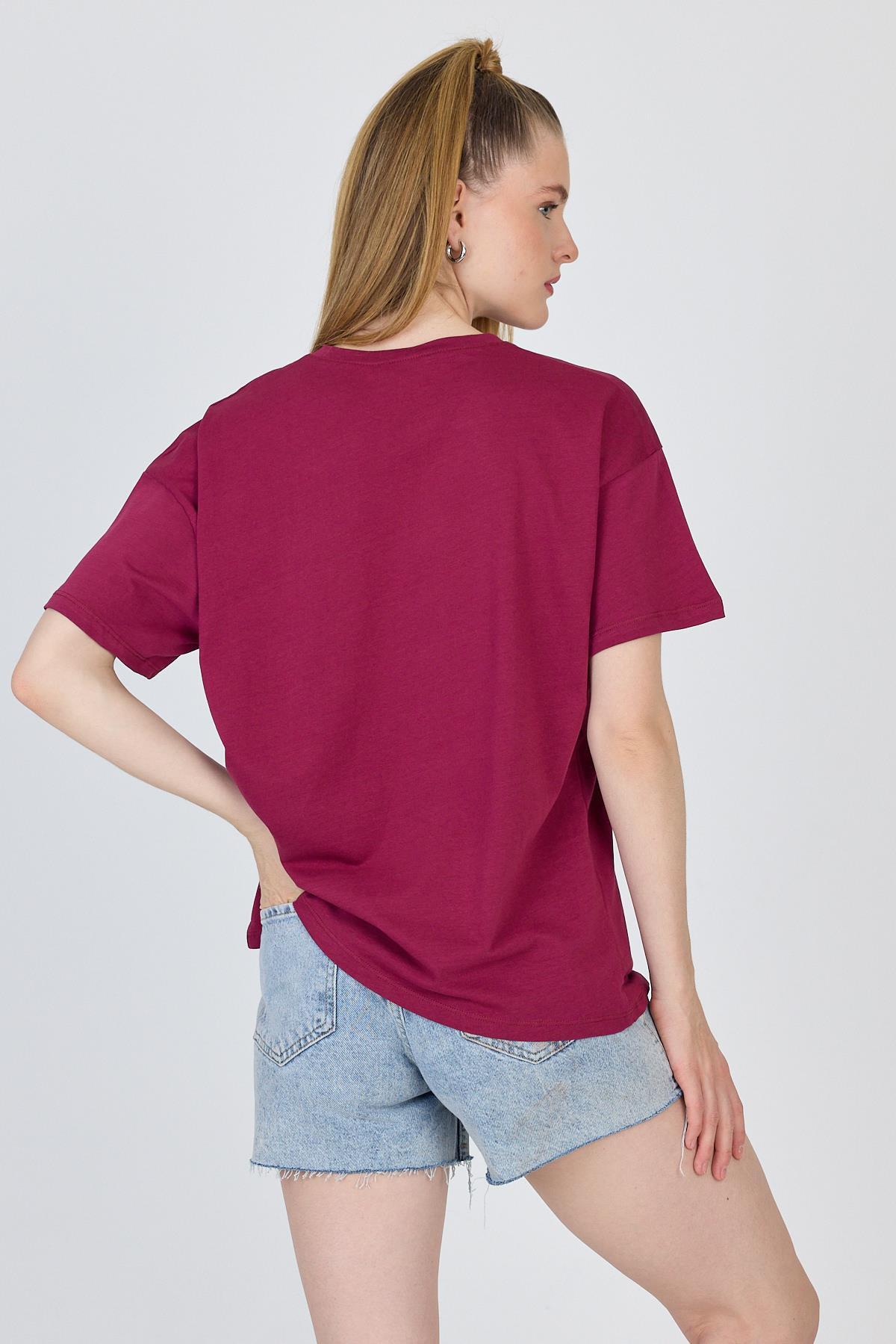 Bordo Oversize Zürafa Baskılı Tişört 2150-12M - 6