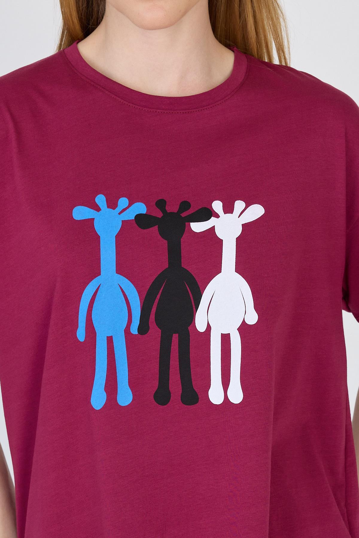 Bordo Oversize Zürafa Baskılı Tişört 2150-12M - 4